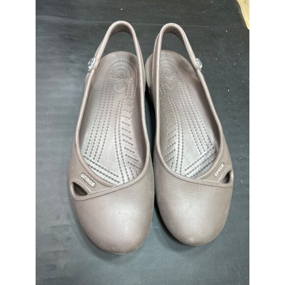 Womens Crocs Brown Flats Slingback Sandals With Crystal Button Detail Size 8 - Picture 4 of 8